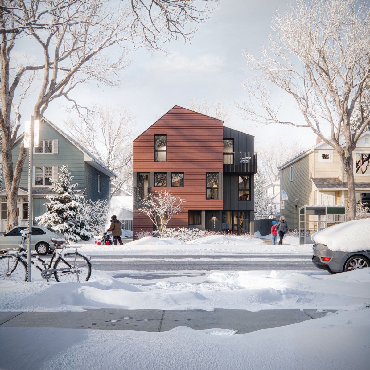 A 3D rendering of a three storey building in a snow covered  neighbourhood. The exterior combines rust colored metal panels and dark cladding. 